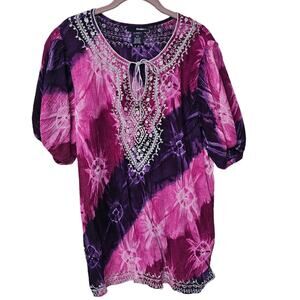 Denim 24/7 Puff Sleeve Tasseled Tunic Blouse 100% Cotton Multi Womens Size 22